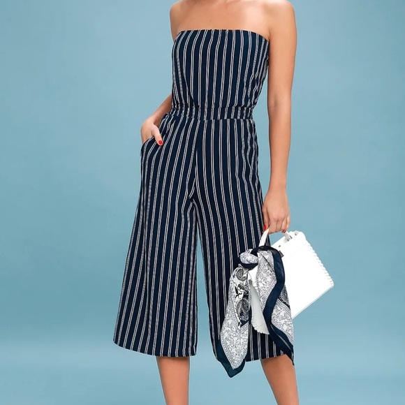 Lulus Pants - CLOSET CLEAN OUT Lulu’s Navy Blue Striped Strapless MIDI Jumpsuit